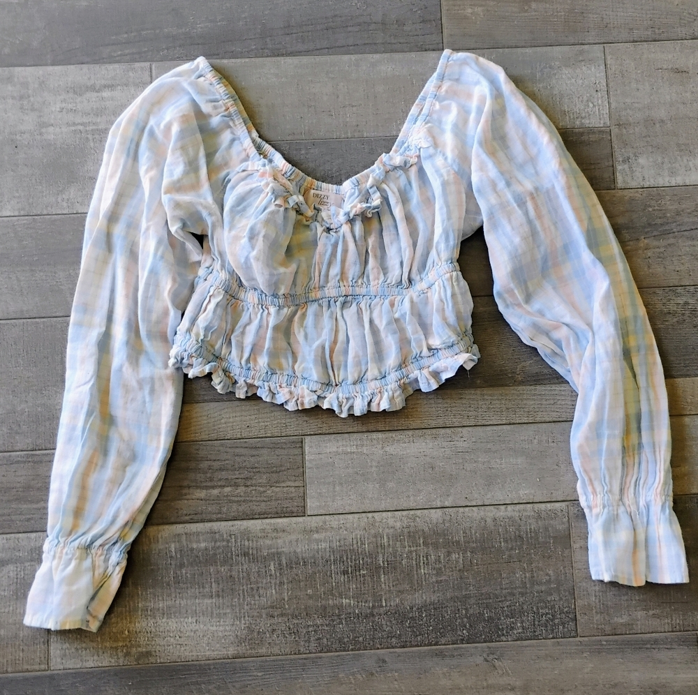 Dizzy Blue Smocked Bishop Sleeve Crop Blouse